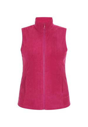 Chaleco de forro polar en rosa brillante con un alto cuello, cremallera frontal y bolsillos laterales. Textura suave y diseño ajustado.