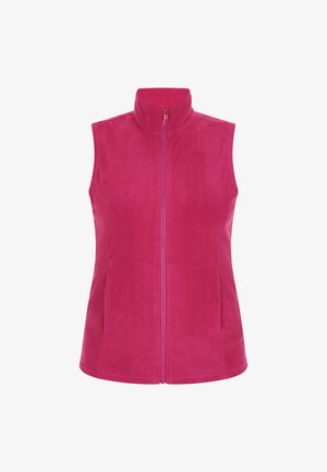 Fleece vest in bright pink with a high collar, front zipper, and side pockets. Smooth texture and fitted design.
