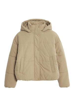 Padded beige jacket with a hood, snap buttons, and two front pockets. Features textured fabric and stitched horizontal sections.
