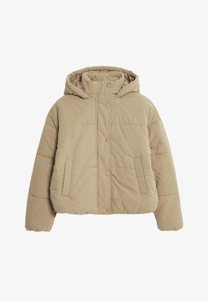 Beige gepolsterte Jacke mit Kapuze, Druckknöpfen und zwei Fronttaschen. Verfügt über einen strukturierten Stoff und genähte horizontale Abschnitte.