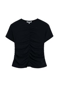 Top noir à manches courtes avec un col rond et des détails froncés sur le devant et les côtés. Fabriqué en tissu doux et léger.