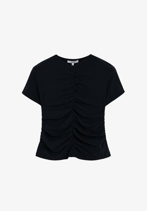 Czarny krótki top z krótkim rękawem, z okrągłym dekoltem i marszczeniami z przodu oraz po bokach. Wykonany z miękkiego, lekkiego materiału.