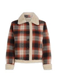 Geruite jas in rood, zwart en beige, met een schapenvachtkraag en voering, knoopsluiting en lange mouwen met schapenvachtmanchetten.