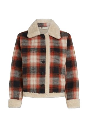 Plaid jacket in red, black, and beige, featuring a shearling collar and lining, button closure, and long sleeves with shearling cuffs.