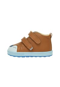 Scarpe per bambini in pelle marrone con due cinturini in velcro, una punta bianca con un volto sorridente e una suola in gomma blu.