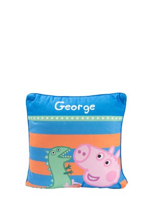 Quadratisches Kissen mit blauen und orangefarbenen Streifen, mit dem Namen George und Comicfiguren von einem rosa Schwein und einem grünen Dinosaurier.