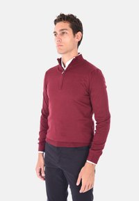 Maglione bordeaux a mezza zip in tessuto knit morbido, con maniche lunghe e orlo a costine, abbinato a pantaloni neri su misura.