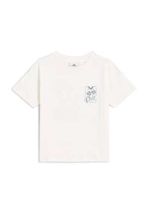 Weißes Baumwoll-T-Shirt mit einem Grafikdesign von Palmen und dem Text "O'Neill" in Blau. Kurze Ärmel und runder Halsausschnitt.