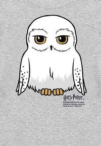 White cartoon owl graphic on a gray t-shirt, featuring yellow eyes, black accents, and orange feet. Includes "Harry Potter" text.