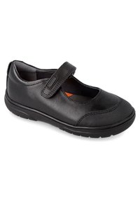 Zapatos tipo Mary Jane en piel negra con una puntera texturizada, correa ajustable y suela de goma para mayor comodidad y durabilidad.