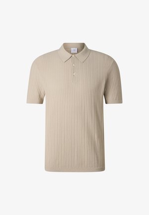 Beige short-sleeve polo shirt with a ribbed knit pattern and three buttons on the placket.