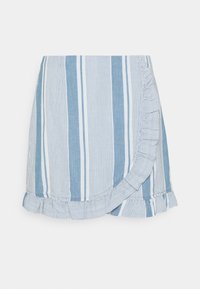 Blue and white striped wrap skirt made of soft fabric, featuring a frilled hem and a side ruffle for added texture.