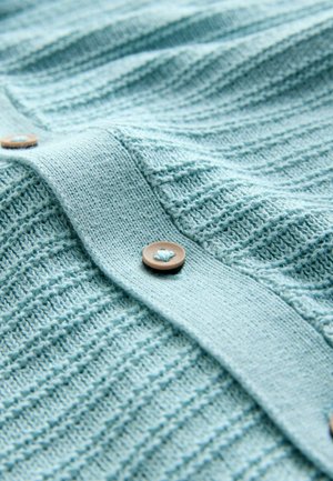 Gaiši zils adīts kardigans ar teksturētu audumu. Priekšpusē ir koka pogu rinda, kā arī ribveida apkakle un aproces.