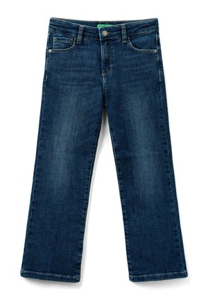 Dunkelblaue Jeans aus Denim mit geradem Schnitt, Fünf-Taschen-Design und sichtbarem Verblassen, ausgestattet mit einem Metallknopf und einem Reißverschluss.