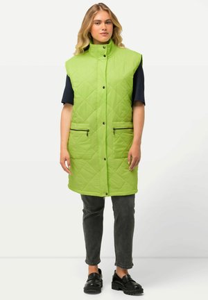 Grüne, gesteppte ärmellose Weste mit hohem Kragen, zwei Reißverschluss-Vordertaschen und geradem Saum. Getragen über einem navyfarbenen Hemd und kombiniert mit grauen Jeans.