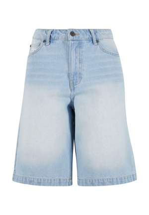 Jasnoniebieskie dżinsowe szorty z wysokim stanem, prostymi nogawkami i delikatnym wyblaskiem. Posiadają pięć kieszeni oraz metalowe zapięcie.