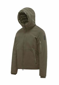 Oliwkowa insulated kurtka z kapturem, z dwoma przednimi kieszeniami zapinanymi na zamek oraz elegancką, gładką powierzchnią. Posiada pikowaną podszewkę.