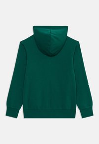 Sudadera con capucha de tela en un sólido color verde oscuro. Presenta un corte relajado, mangas largas y puños y dobladillo acanalados. Sin logotipos ni patrones visibles.