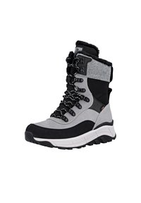 Gray and black waterproof boots with a textured upper, faux fur lining, and a rugged outsole. Features adjustable laces and metal eyelets.