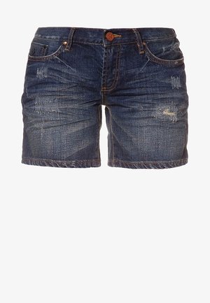 Dunkelblaue Denim-Shorts mit einem distressed Muster. Verfügt über fünf Taschen, einen Reißverschluss und einen dekorativen Knopf vorne. Leicht ausgefranseter Saum.