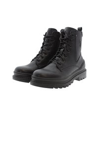 Botines de cuero negro hasta el tobillo con punteras redondas, cordones en la parte delantera y paneles laterales texturizados. Suelas gruesas de goma con detalles de relieve y acentos de logo.