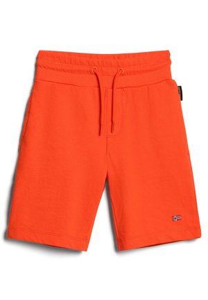 Klar orange knælange shorts med elastik i taljen, snøre, lommer og et lille flagemblem på nederste venstre ben.