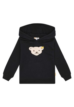 Schwarzer Hoodie mit einem großen cremefarbenen Bärenkopf-Applikation auf der Vorderseite, einem kleinen gelben Etikett am Kragen sowie gerippten Bündchen und Saum.