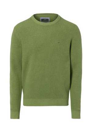 Green knitted sweater with a crew neck, featuring textured fabric, ribbed cuffs and hem, and a small logo on the chest.