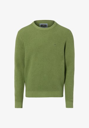 Green knitted sweater with a crew neck, featuring textured fabric, ribbed cuffs and hem, and a small logo on the chest.