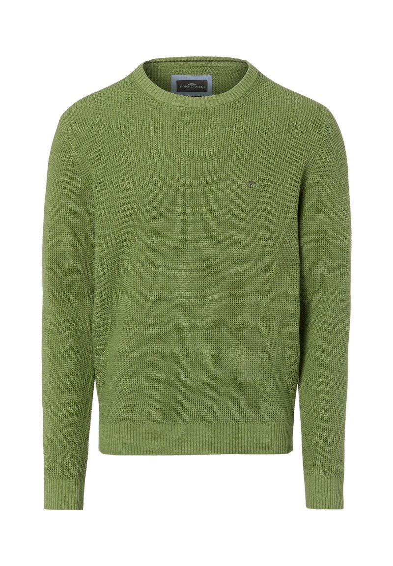 Grüner Strickpullover mit Rundhalsausschnitt, strukturiertem Stoff, gerippten Bündchen und Saum sowie einem kleinen Logo auf der Brust.