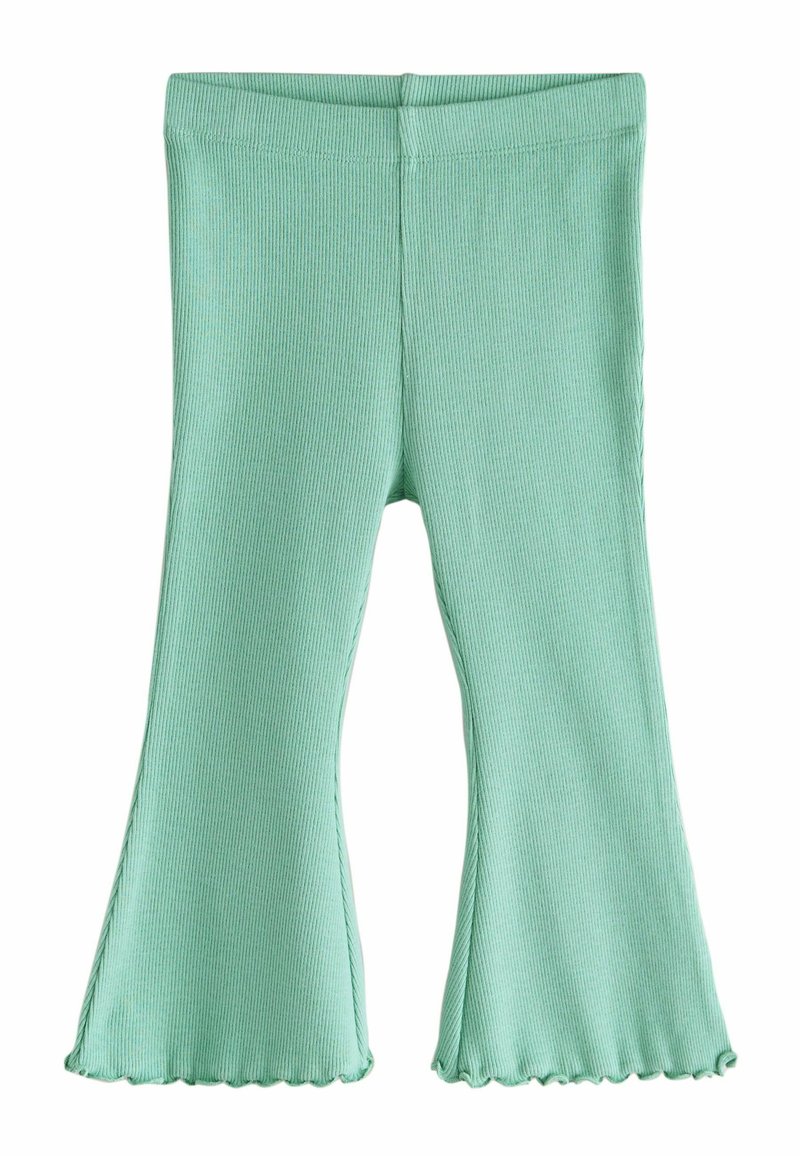 Zöld bord�ázott, harang alakú nadrág fodros szegéllyel. Puha textúra, rugalmas derékpánt és könnyű anyag a mozgás szabadságához.