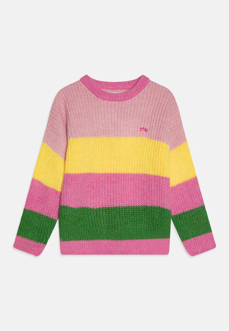 Knit sweater featuring horizontal stripes in pink, yellow, and green. Crew neck design with thick texture and small logo detail on chest.