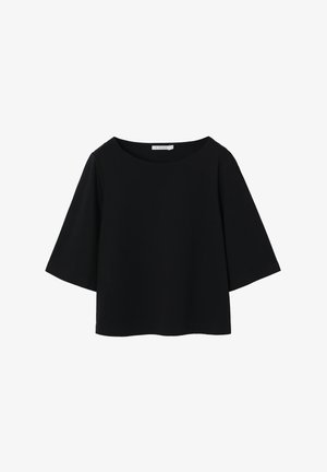 Schwarzes Kurzarmoberteil mit weitem, rundem Ausschnitt. Hergestellt aus glattem Stoff mit entspanntem Schnitt und einfachem, cleanem Design. Ohne Muster oder Verzierungen.