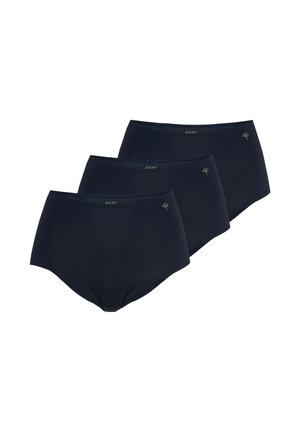 Kolme mustaa korkeavyötäröistä saumatonta naisten alushousua, joissa on pieni kukkakuva ja merkin nimi etukuminauhassa, asetettuna kerroksittain.