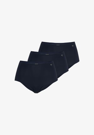 Kolme mustaa korkeavyötäröistä saumatonta naisten alushousua, joissa on pieni kukkakuva ja merkin nimi etukuminauhassa, asetettuna kerroksittain.