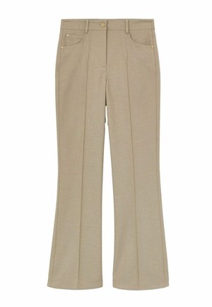 Beige højtaljede flare-bukser med forreste plissé, bæltestropper, sidelommer og knaplukning foran.