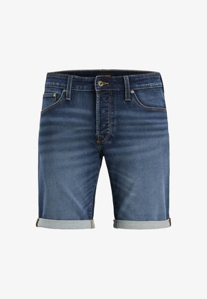 Calções de ganga em azul escuro com um corte slim, apresentando bainhas viradas e costuras em contraste. Inclui bolsos frontais e traseiros com fecho éclair.