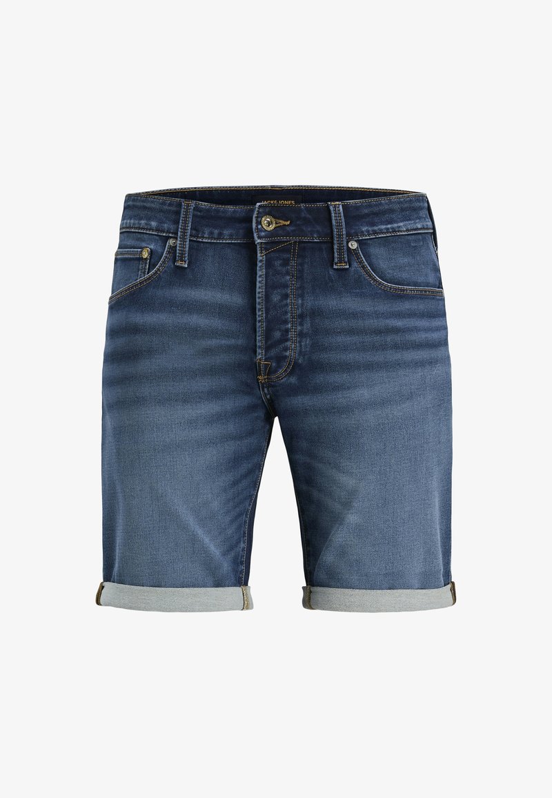 Shorts en denim bleu foncé avec une coupe slim, dotés d'ourlets retournés et de coutures contrastées. Comprend des poches avant et arrière avec une fermeture éclair.