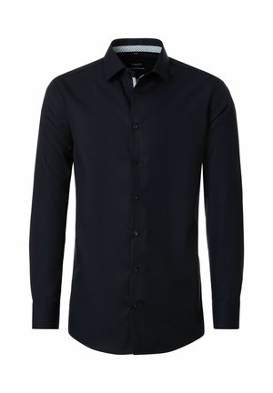 Herren-Langarmhemd in Schwarz mit Knopfleiste und kontrastierendem gemustertem inneren Kragen, auf weißem Hintergrund dargestellt.