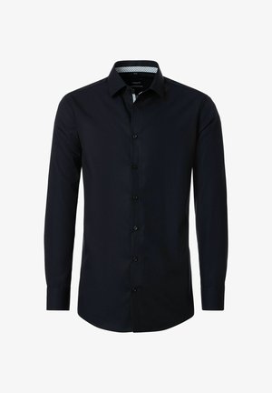 Czarna, męska koszula wizytowa z długim rękawem, zapinana na guziki z kontrastowym, wzorzystym wewnętrznym kołnierzykiem, przedstawiona na białym tle.