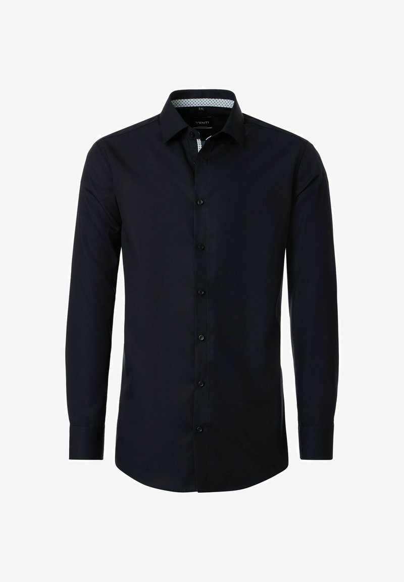 Herren-Langarmhemd in Schwarz mit Knopfleiste und kontrastierendem gemustertem inneren Kragen, auf weißem Hintergrund dargestellt.