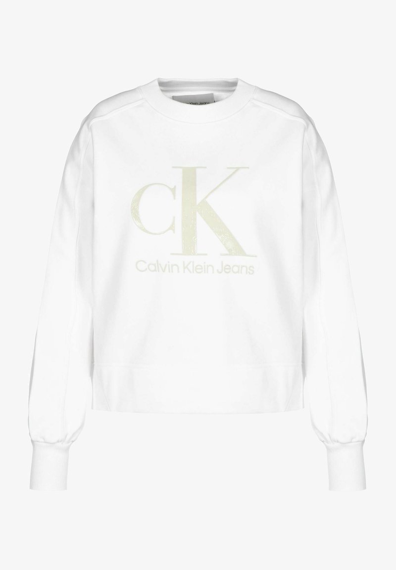 Sweat-shirt blanc à manches longues avec col rond, poignets et ourlet côtelés, doté d’un grand logo beige clair « cK » et « Calvin Klein Jeans » à l’avant.