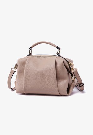 Beige Lederhandtasche mit strukturierter Oberfläche, Reißverschluss, Oberhandgriff und abnehmbarem Schulterriemen. Mit goldfarbigen Hardware-Akzenten.