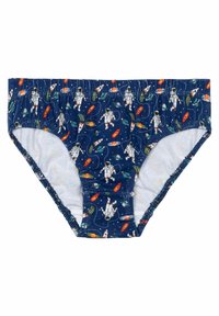 Bikini hlače iz bombaža mornarsko modre barve s temo vesolja, ki vključuje astronavte, rakete in planete v živih barvah. Elastičen pas.