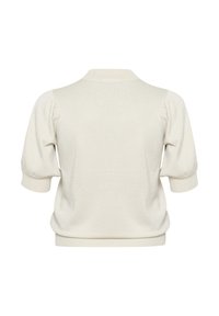 Crème korte mouwen gebreide top met puffmouwen en geribde manchetten en zoom, van achteren weergegeven op een witte achtergrond.