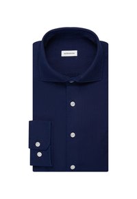 Camicia a maniche lunghe blu navy realizzata in tessuto testurizzato, dotata di colletto classico, bottoni bianchi e una sola tasca con pattina.