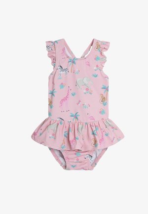 Rózsaszín egyberészes fürdőruha fodros vállpántokkal, állat- és virágmintákkal díszítve. Szoknyás alsó rész részletessé teszi; rugalmas anyagból készült.