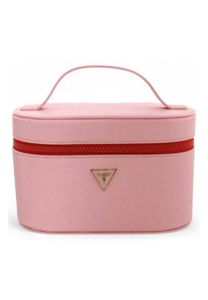 Astuccio cosmetico rettangolare morbido rosa con cerniera rossa e maniglia superiore, con piccolo logo del marchio al centro.