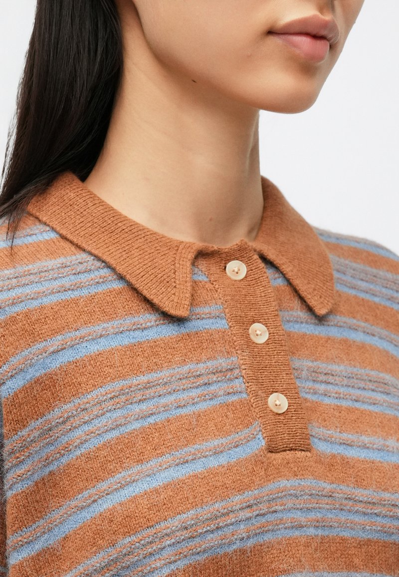 Maglione marrone a righe con collo a camicia, caratterizzato da righe orizzontali azzurro chiaro e quattro piccoli bottoni beige sulla patta. Tessuto morbido.