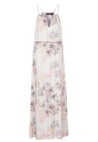 Robe maxi en tissu léger ; base blanche avec des motifs floraux en rose et noir. Dotée de fines bretelles et d'un décolleté en trou de serrure. Taille élastique.